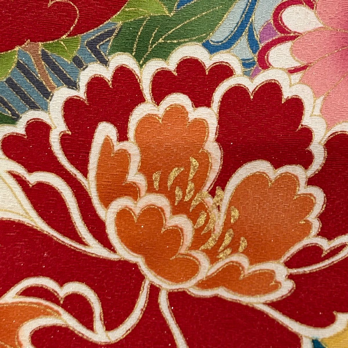 【美品】振袖禮服 身長170cm 袖長68cm L 雙層 扇子面 草花紋紋 銀通 金糸 青綠 純蠶絲 逸品級