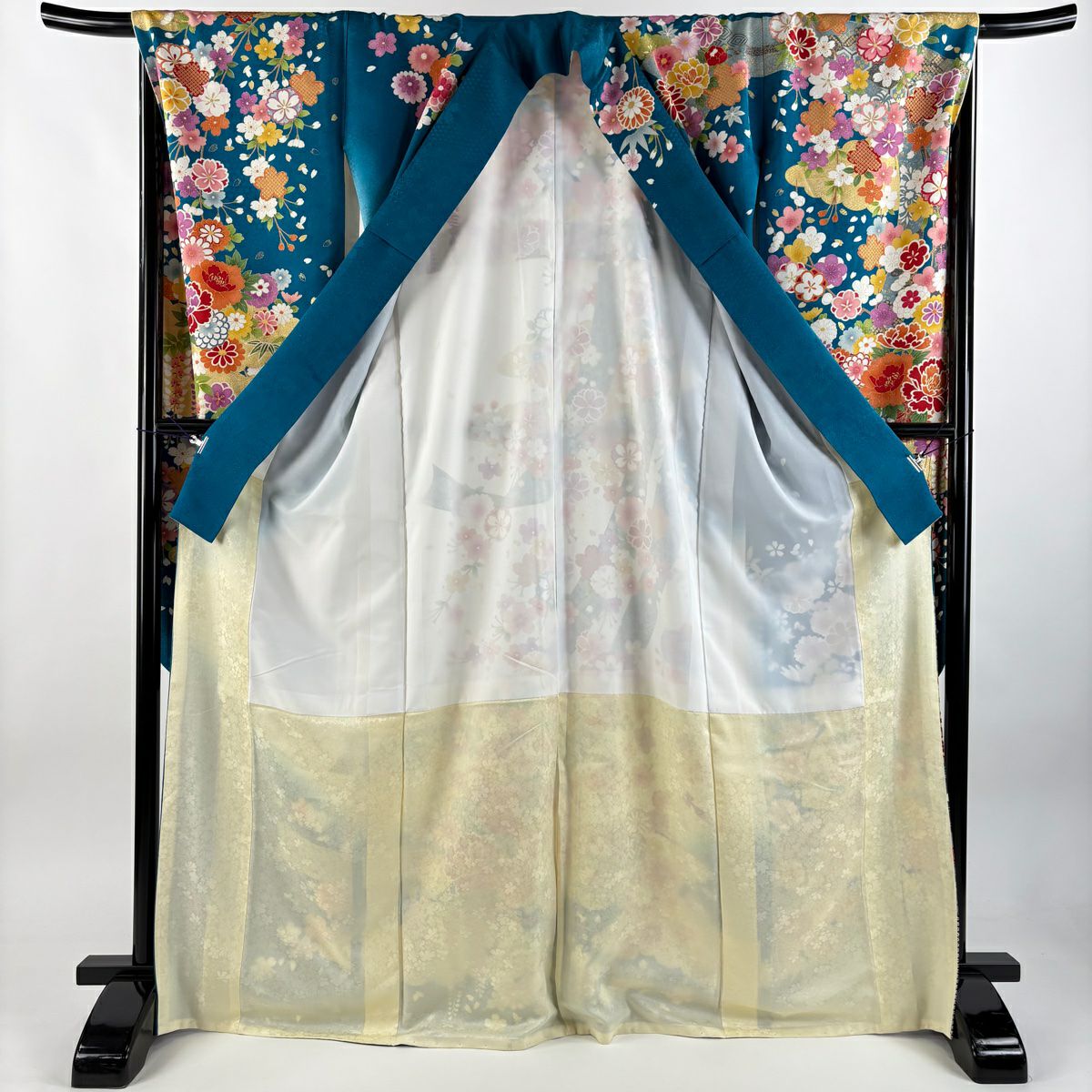 【美品】振袖禮服 身長170cm 袖長68cm L 雙層 扇子面 草花紋紋 銀通 金糸 青綠 純蠶絲 逸品級