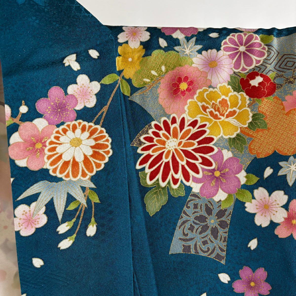 【美品】振袖禮服 身長170cm 袖長68cm L 雙層 扇子面 草花紋紋 銀通 金糸 青綠 純蠶絲 逸品級