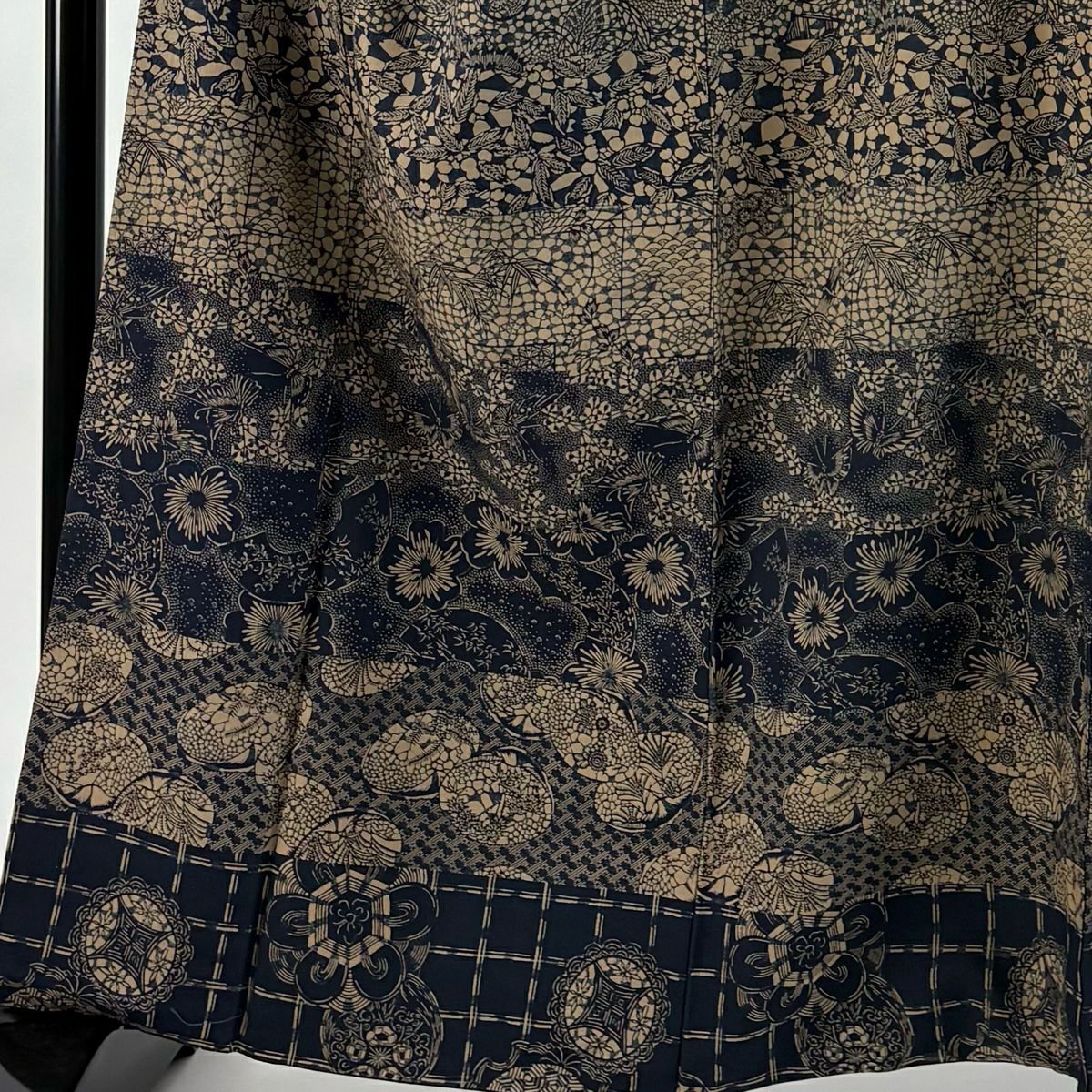 訪問服 身長163.5cm 袖長66cm M 雙層 紬織織 貝合花鳥 藍染 藍色 純蠶絲 逸品級