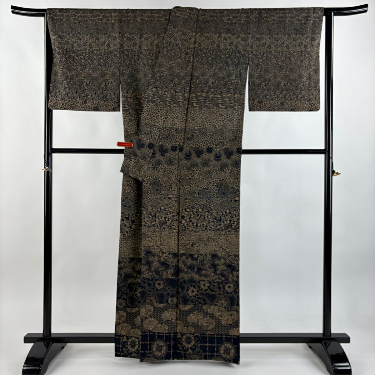 訪問服 身長163.5cm 袖長66cm M 雙層 紬織織 貝合花鳥 藍染 藍色 純蠶絲 逸品級