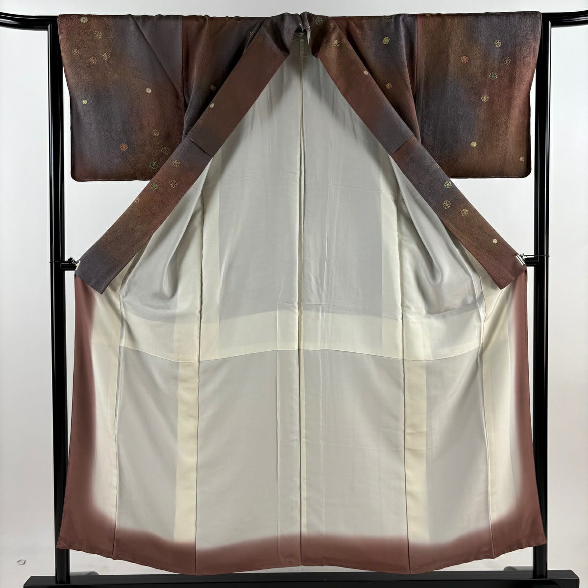 【美品】 小紋 身長153cm 袖長64cm M 雙層 花 地紋 茶 純蠶絲 秀品級