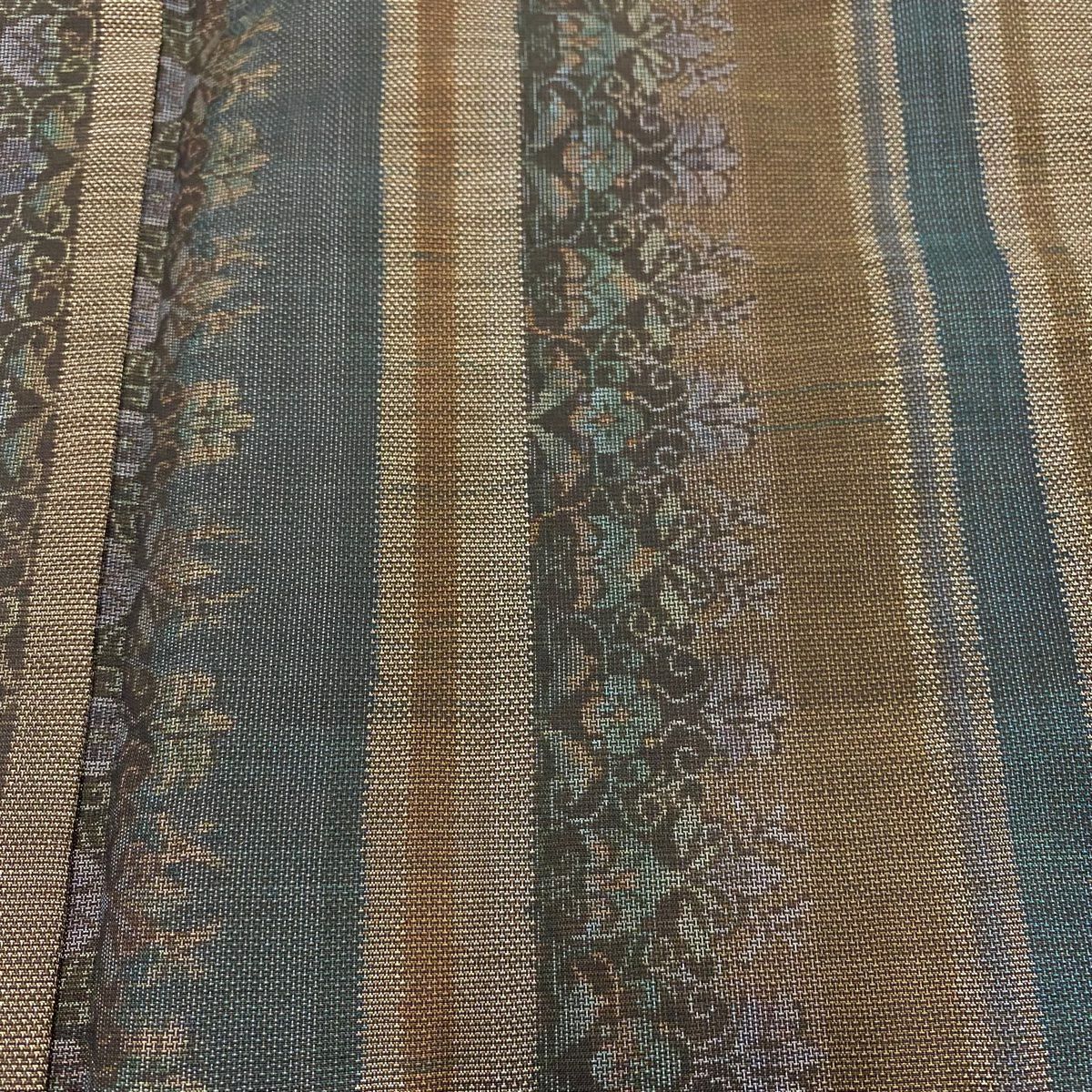 【庫存清倉】 【美品】 紬織 身長160cm 袖長62cm S 雙層 垂直條紋 花唐草紋 焦茶 純蠶絲 名品級