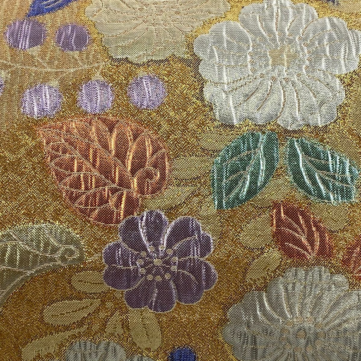 【美品】 袋帶 秀品級 草花紋紋 金金箔 淺橙色 六通 純蠶絲