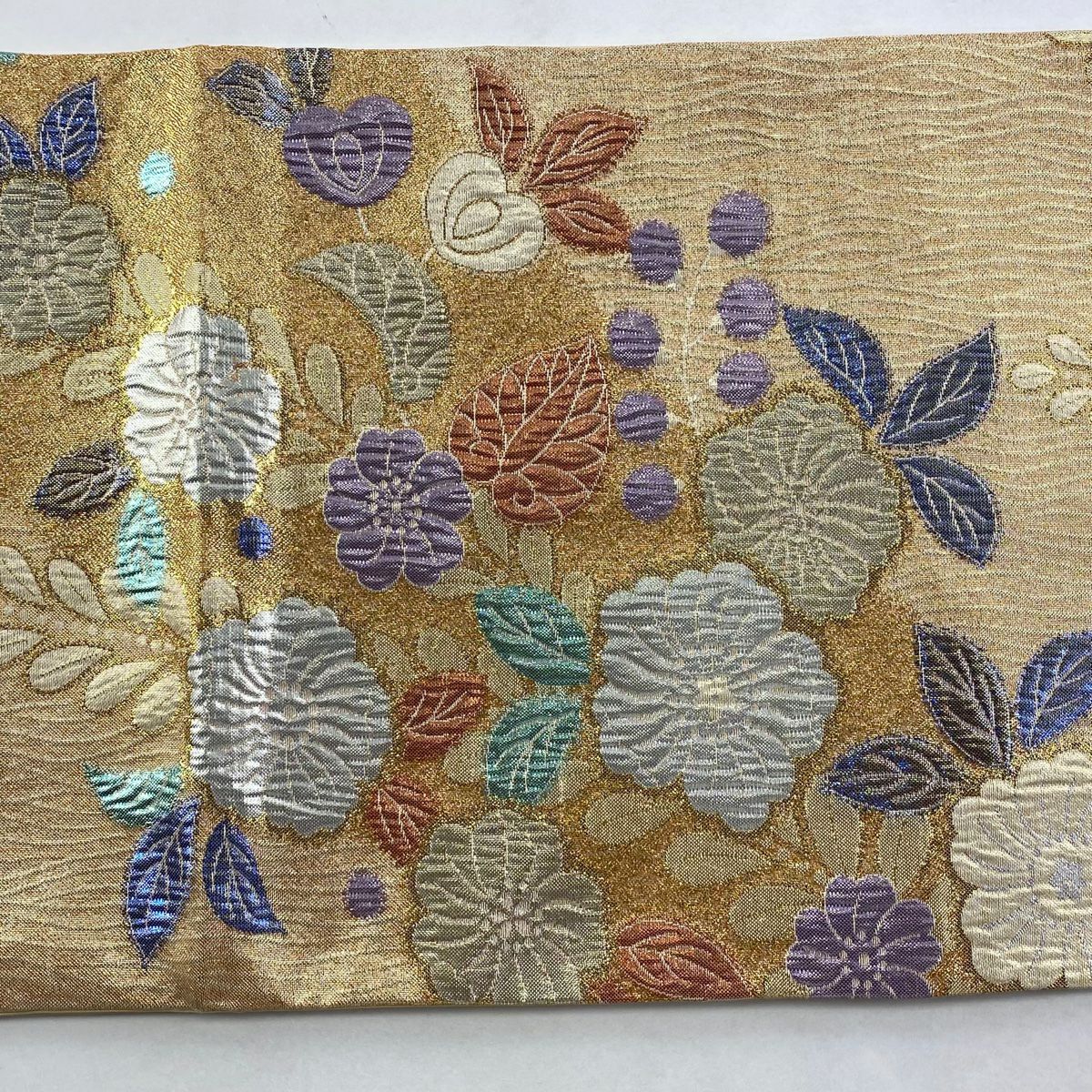 【美品】 袋帶 秀品級 草花紋紋 金金箔 淺橙色 六通 純蠶絲