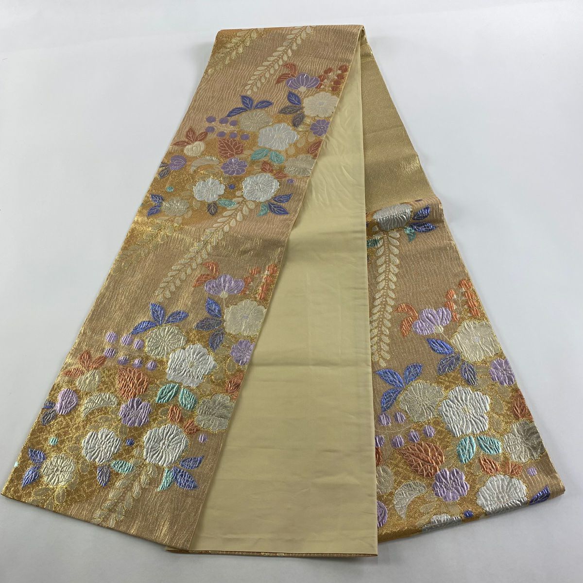 【美品】 袋帶 秀品級 草花紋紋 金金箔 淺橙色 六通 純蠶絲