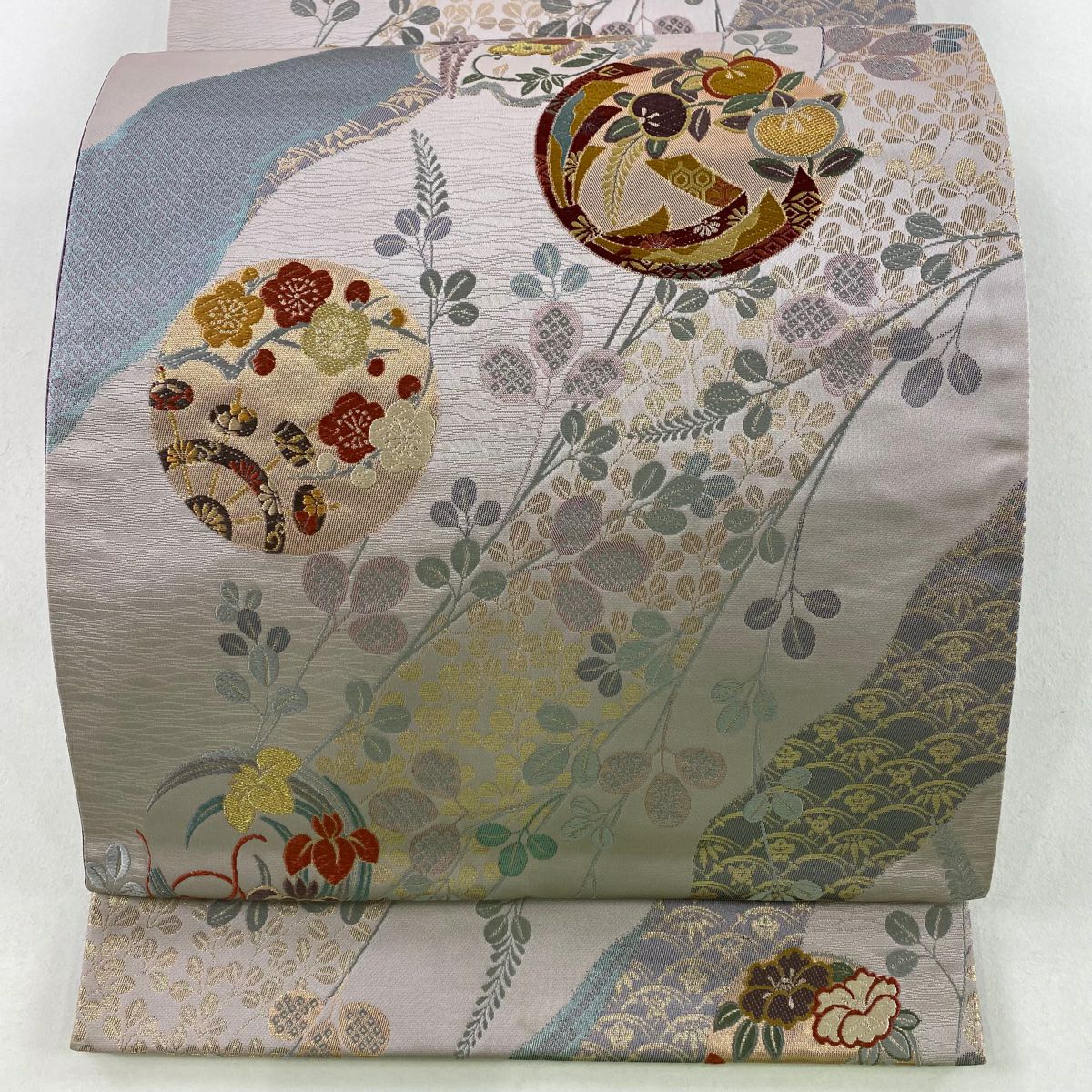 袋帶 秀品級 花丸紋 松樹竹子梅花 金絲 金金箔 淺紫 六通 純蠶絲