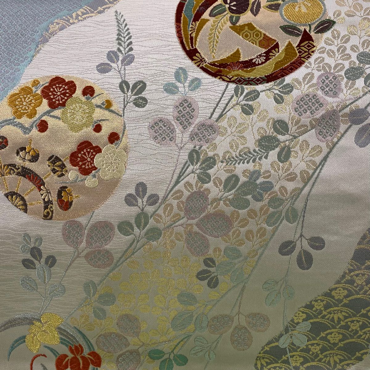袋帶 秀品級 花丸紋 松樹竹子梅花 金絲 金金箔 淺紫 六通 純蠶絲