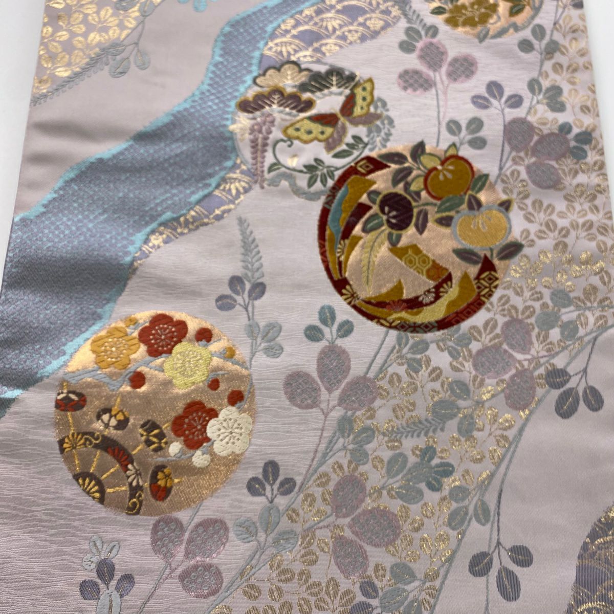 袋帶 秀品級 花丸紋 松樹竹子梅花 金絲 金金箔 淺紫 六通 純蠶絲