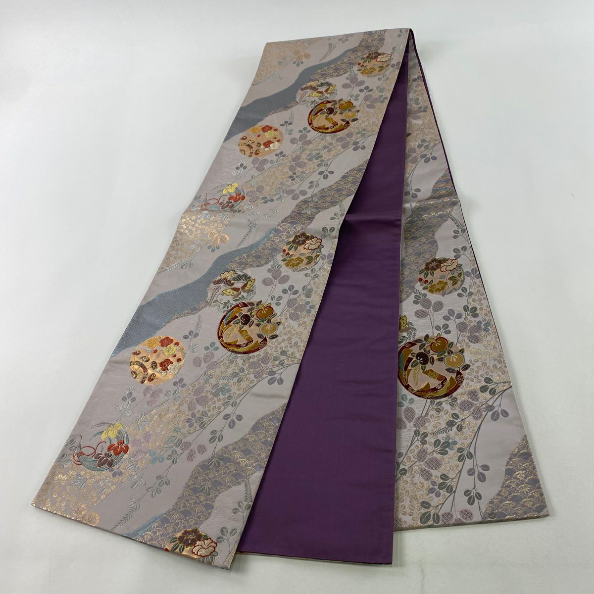 袋帶 秀品級 花丸紋 松樹竹子梅花 金絲 金金箔 淺紫 六通 純蠶絲
