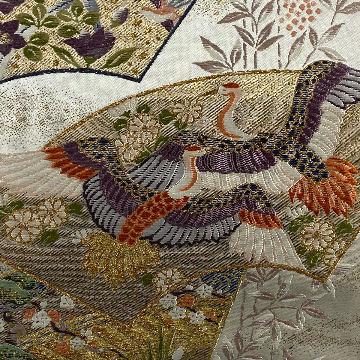 袋帶 秀品級 扇子面 仙鶴 金糸 金金箔 米色 六通 純蠶絲
