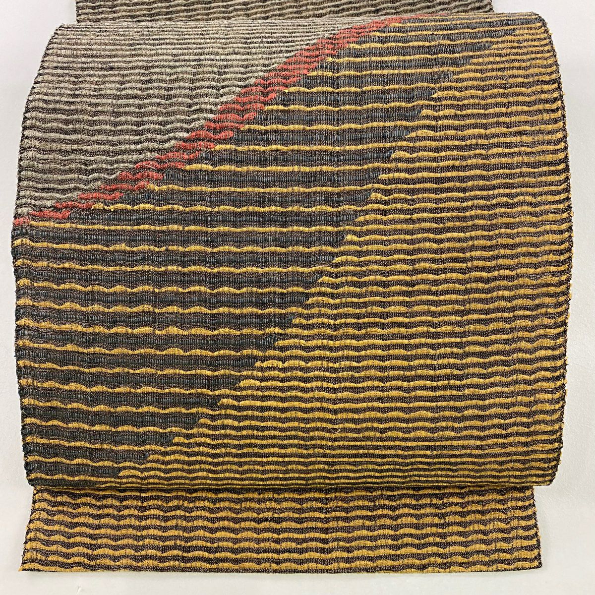 名古屋帶 優品級 八寸名古屋帶 松樹葉仕立 雜色條紋 金線 黃土色 純蠶絲