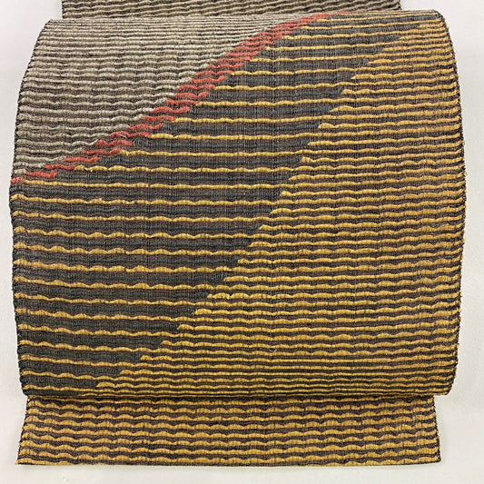名古屋帶 優品級 八寸名古屋帶 松樹葉仕立 雜色條紋 金線 黃土色 純蠶絲