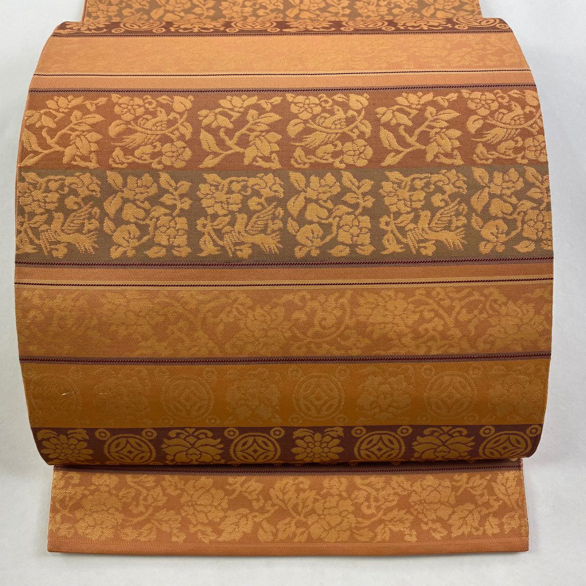 【美品】 袋帶 秀品級 關西仕立 花鳥 花唐草紋 金金箔 橙色 全通 純蠶絲