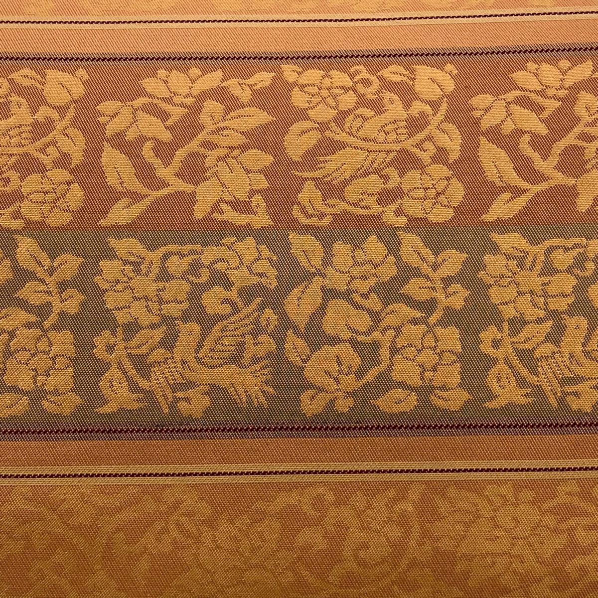 【美品】 袋帶 秀品級 關西仕立 花鳥 花唐草紋 金金箔 橙色 全通 純蠶絲