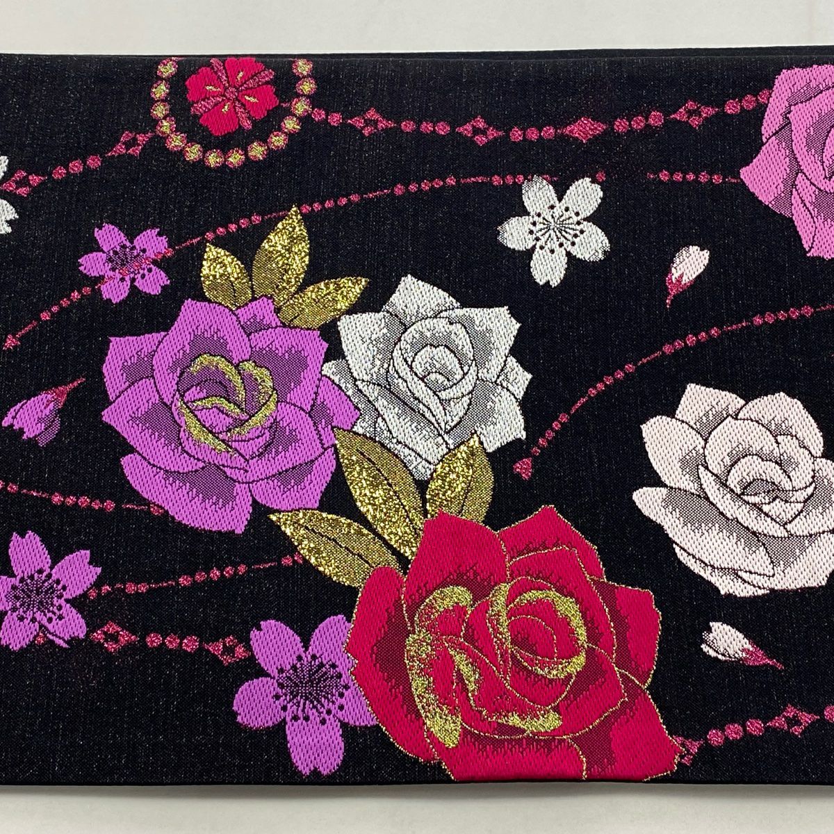【庫存清倉】 【美品】 袋帶 名品級 薔薇 櫻花 金金箔 黑 六通 純蠶絲