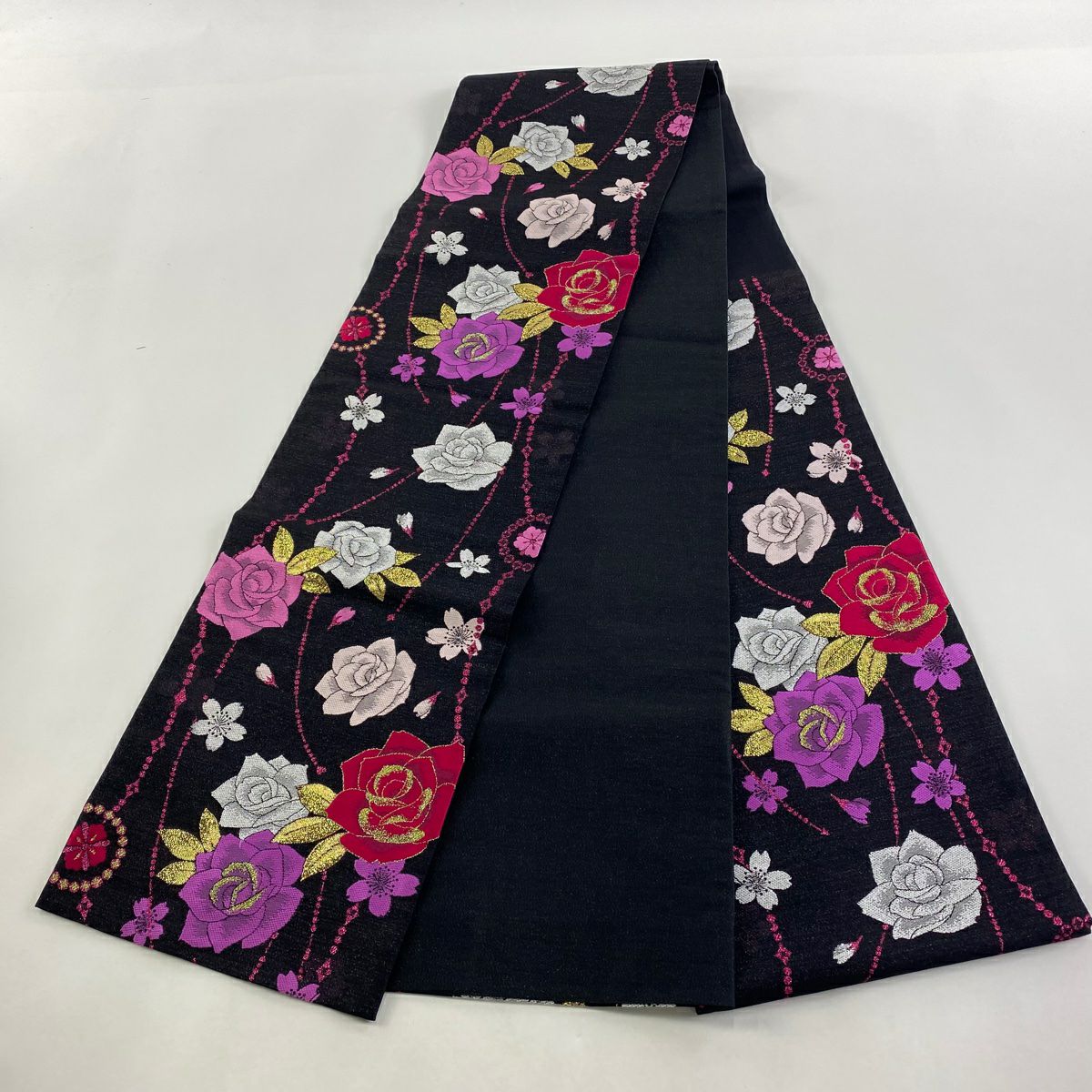 【庫存清倉】 【美品】 袋帶 名品級 薔薇 櫻花 金金箔 黑 六通 純蠶絲