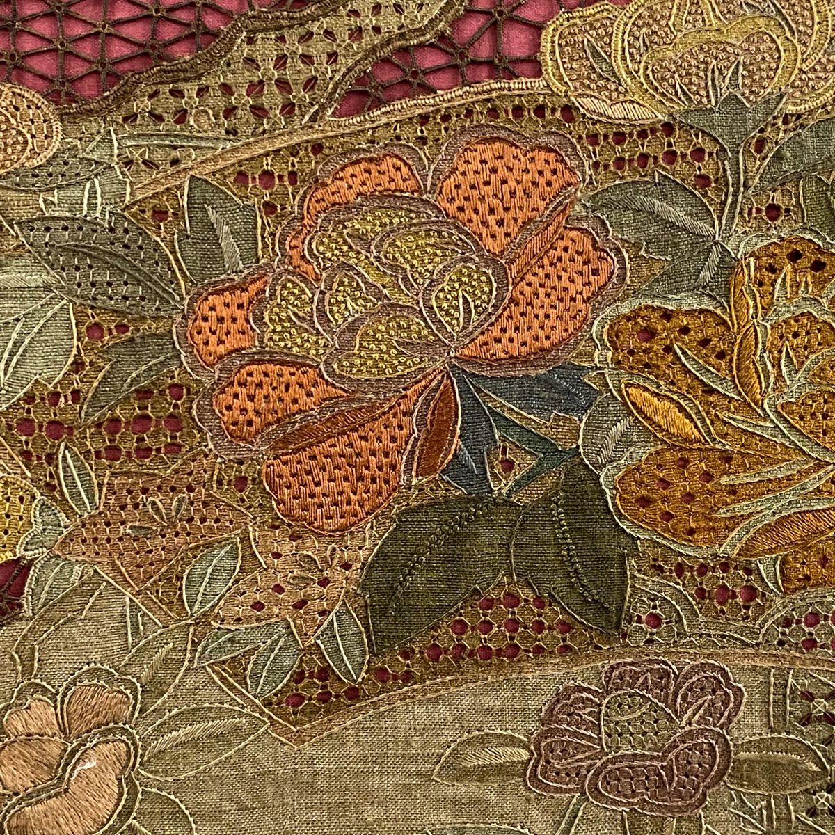【美品】 袋帶 秀品級 扇子面 草花紋刺繡 漸層 茶綠 金銀彩 純蠶絲