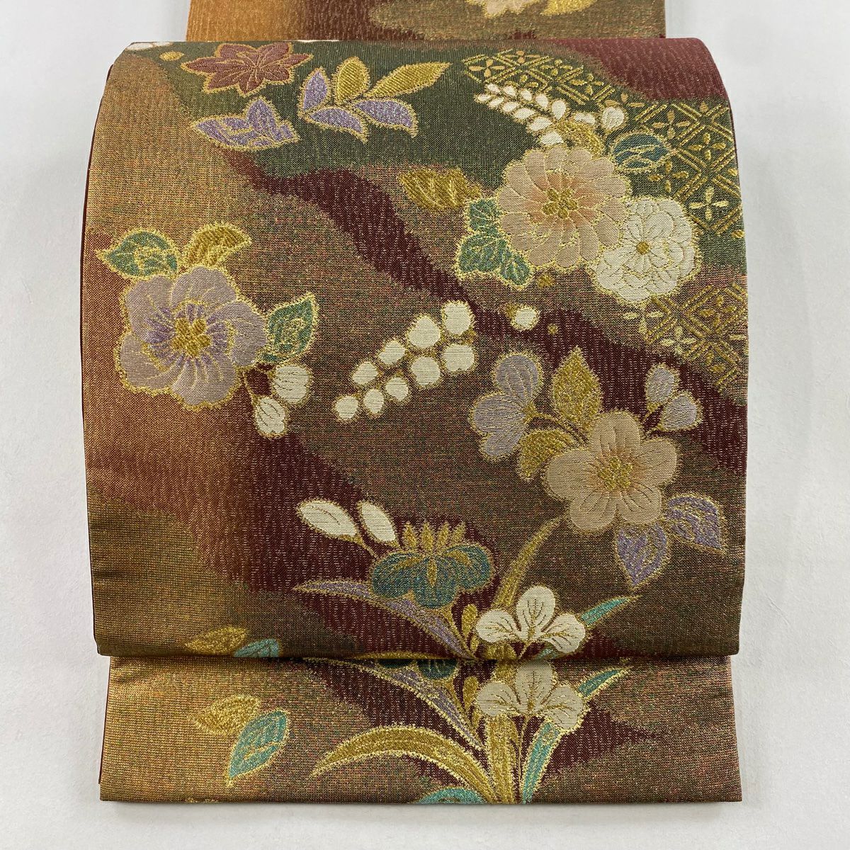【美品】 袋帶 秀品級 草花紋紋 霞 金金箔 金通 茶紫 お太鼓圖案 純蠶絲