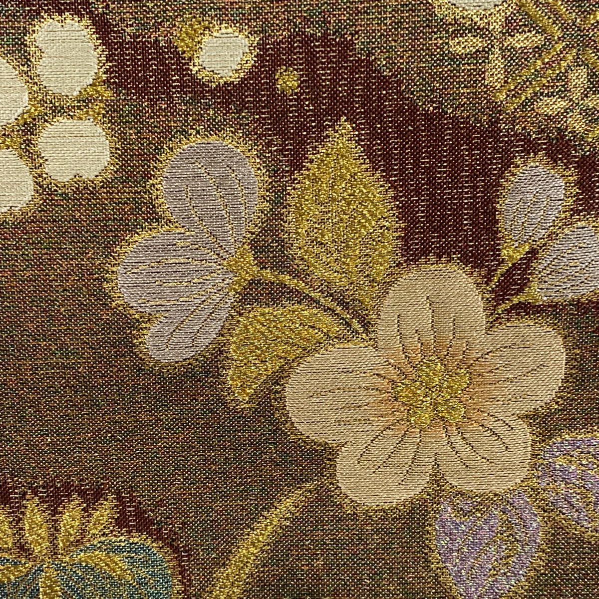 【美品】 袋帶 秀品級 草花紋紋 霞 金金箔 金通 茶紫 お太鼓圖案 純蠶絲