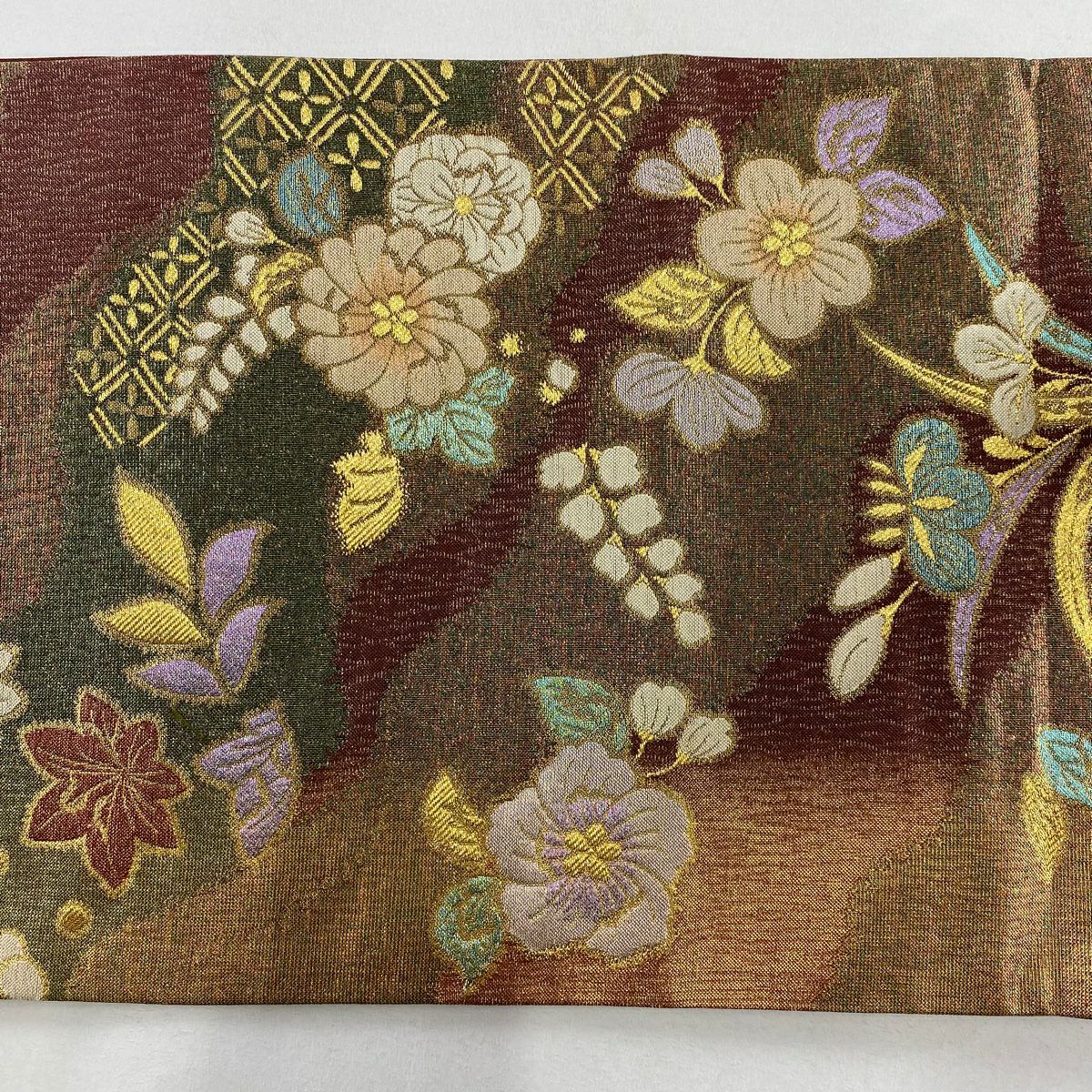【美品】 袋帶 秀品級 草花紋紋 霞 金金箔 金通 茶紫 お太鼓圖案 純蠶絲