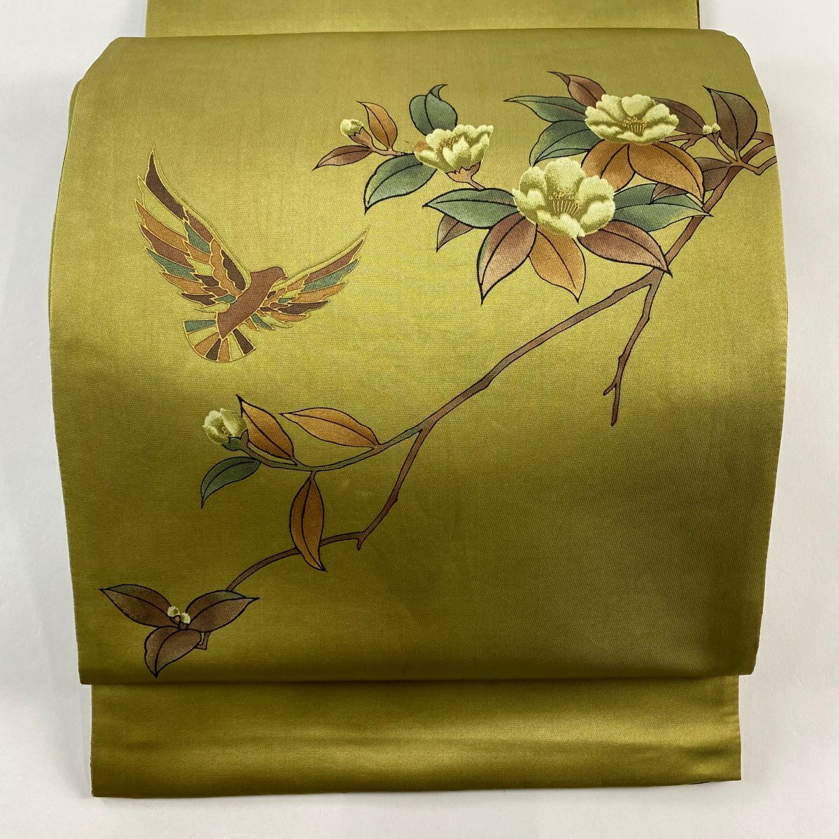 袋帶 秀品級 枝花 鳥 金金箔 金銀彩 鶯 深藍色 純蠶絲