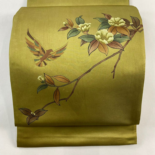 袋帶 秀品級 枝花 鳥 金金箔 金銀彩 鶯 深藍色 純蠶絲