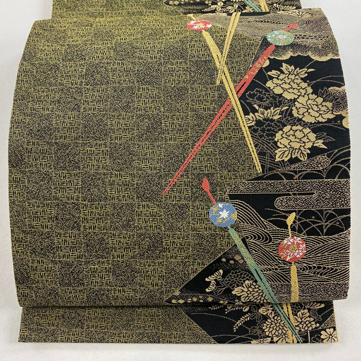 【美品】 袋帶 秀品級 髮簪 牡丹 金絲 鶯色 六通 純蠶絲
