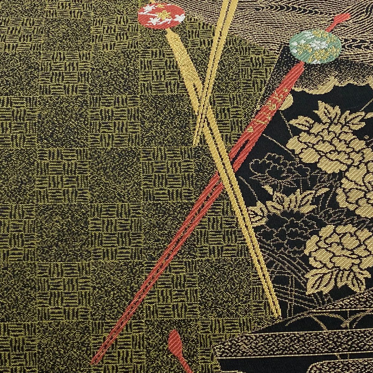 【美品】 袋帶 秀品級 髮簪 牡丹 金絲 鶯色 六通 純蠶絲