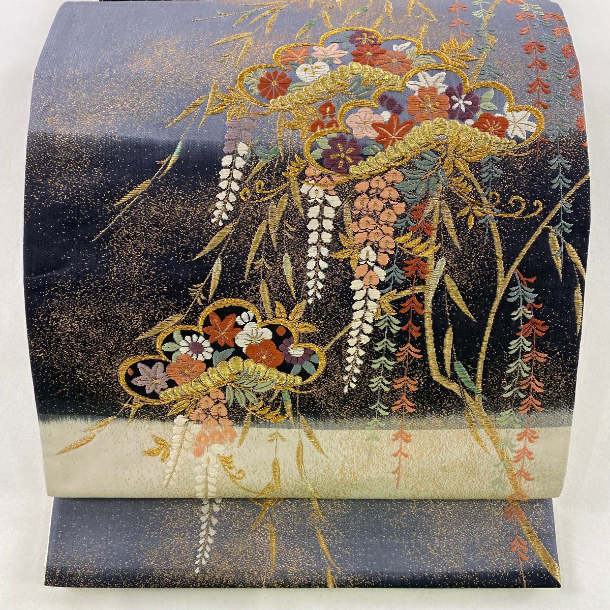 【美品】 袋帶 秀品級 松樹竹子梅花 草花紋 金糸 金金箔 青灰 深藍色 六通 純蠶絲