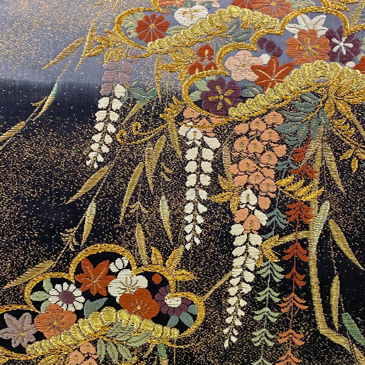 【美品】 袋帶 秀品級 松樹竹子梅花 草花紋 金糸 金金箔 青灰 深藍色 六通 純蠶絲