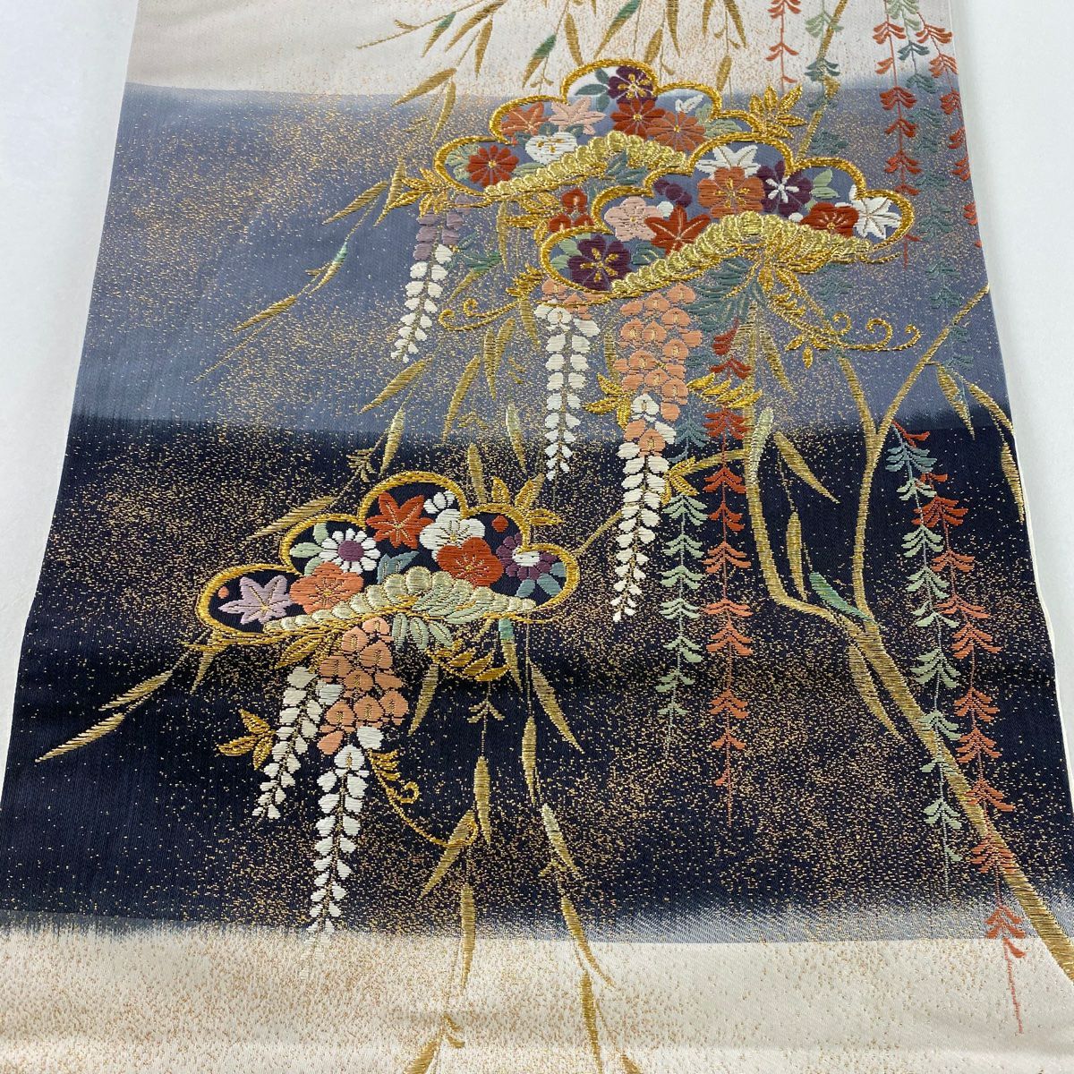 【美品】 袋帶 秀品級 松樹竹子梅花 草花紋 金糸 金金箔 青灰 深藍色 六通 純蠶絲