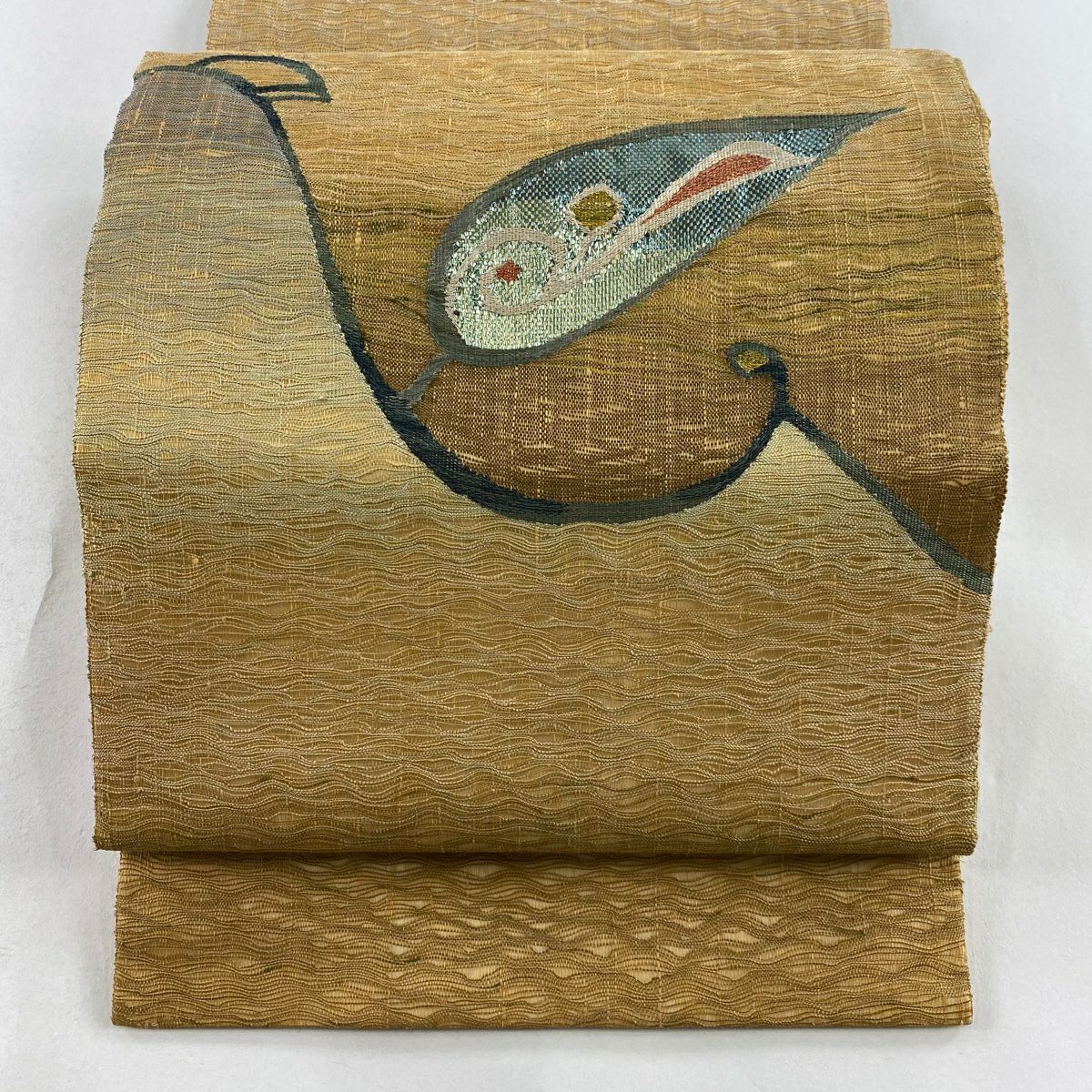【美品】 袋帶 秀品級 葉紋 金金箔 金絲 淺茶 紋樣 純蠶絲