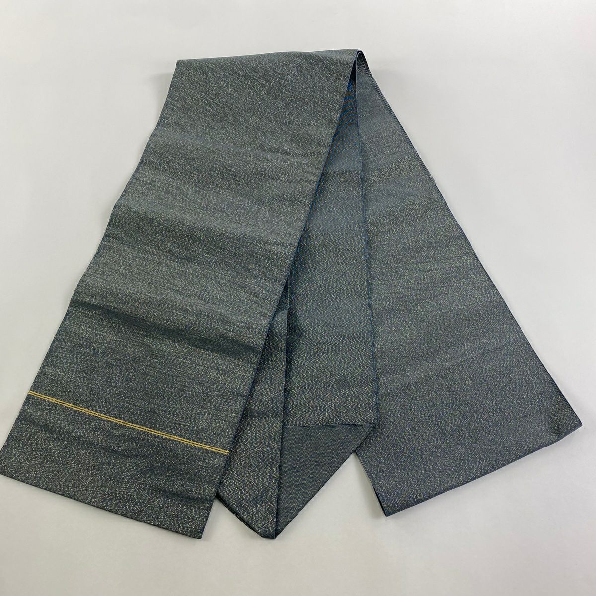 【美品】 名古屋帶 名品級 松樹葉仕立 雙層八寸名古屋帶 金通 灰綠 純蠶絲