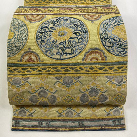 【庫存清倉】 【美品】 袋帶 名品級 圓文 草花紋 金絲 金金箔 金色 六通 純蠶絲