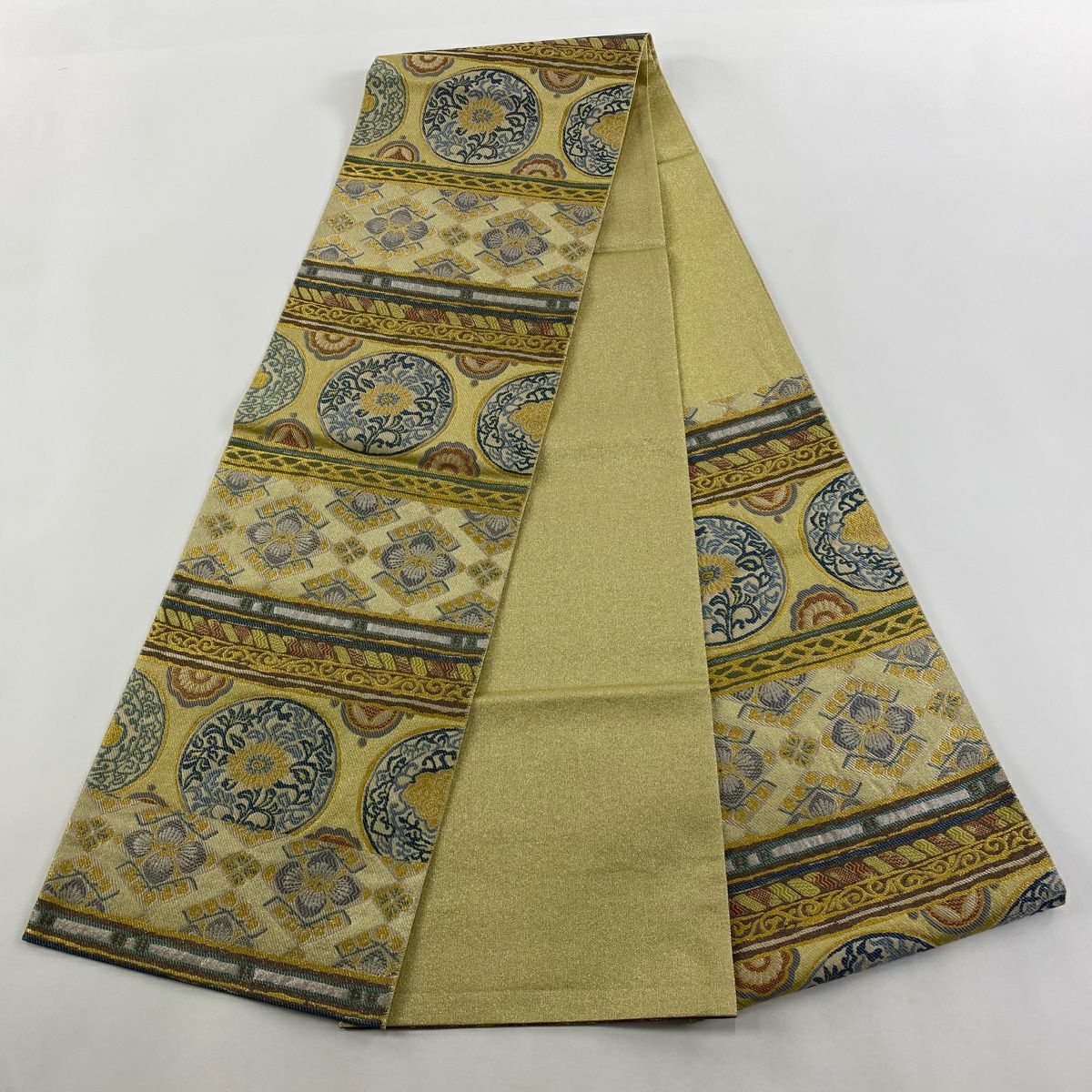 【庫存清倉】 【美品】 袋帶 名品級 圓文 草花紋 金絲 金金箔 金色 六通 純蠶絲