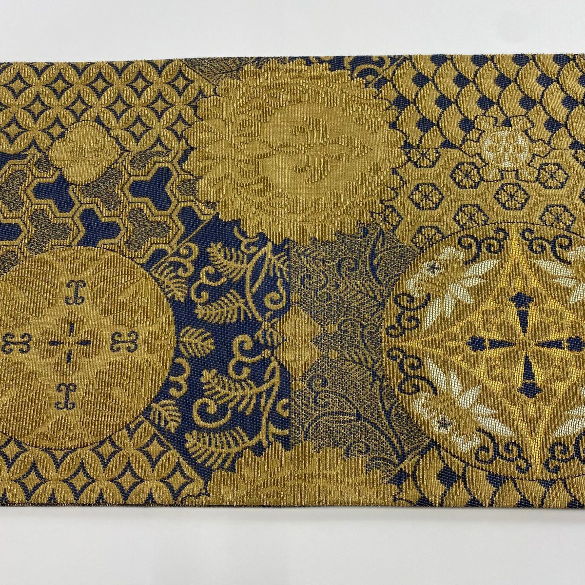 袋帶 逸品級 七寶 有職紋樣 金銀絲 輪奈織 青灰 紋樣 純蠶絲