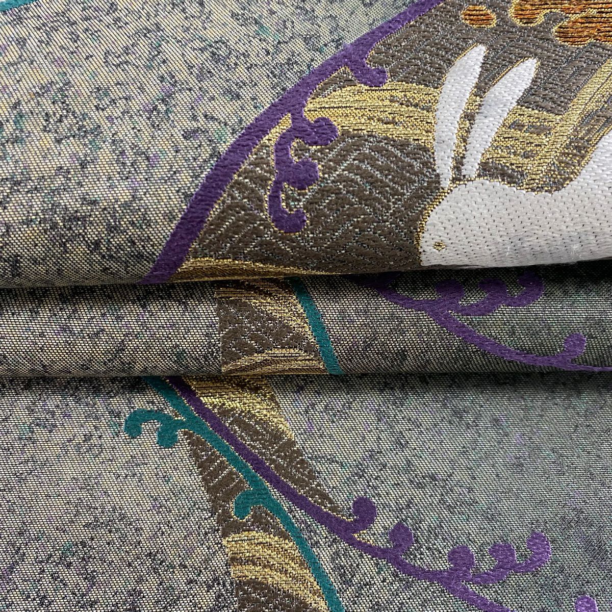 袋帶 逸品級 證書有 兔子 波頭 金絲 金金箔 深綠 六通 純蠶絲