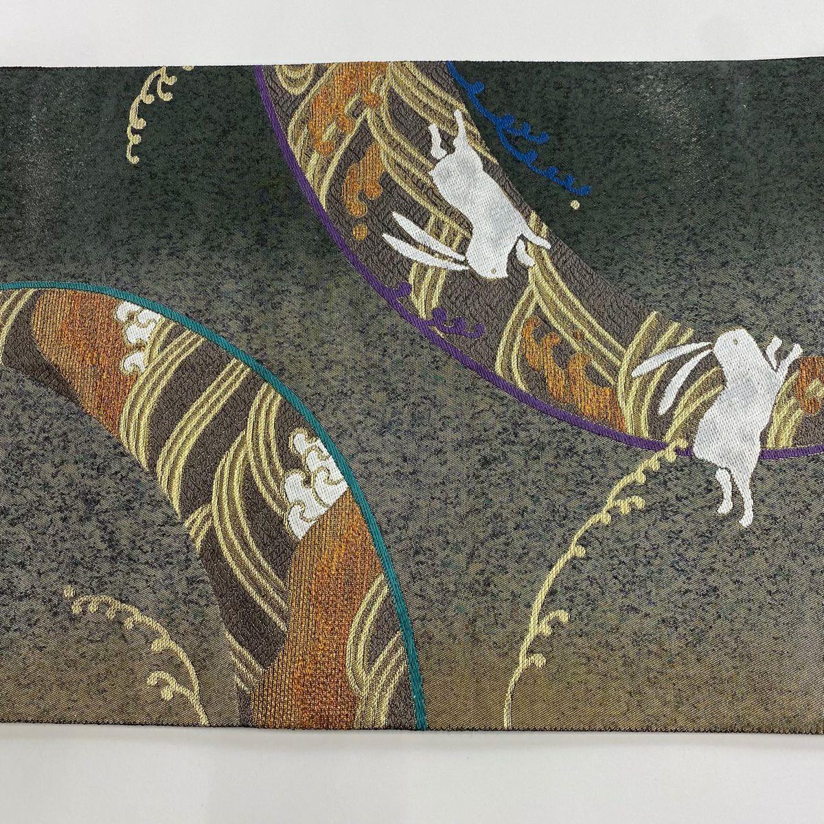 袋帶 逸品級 證書有 兔子 波頭 金絲 金金箔 深綠 六通 純蠶絲