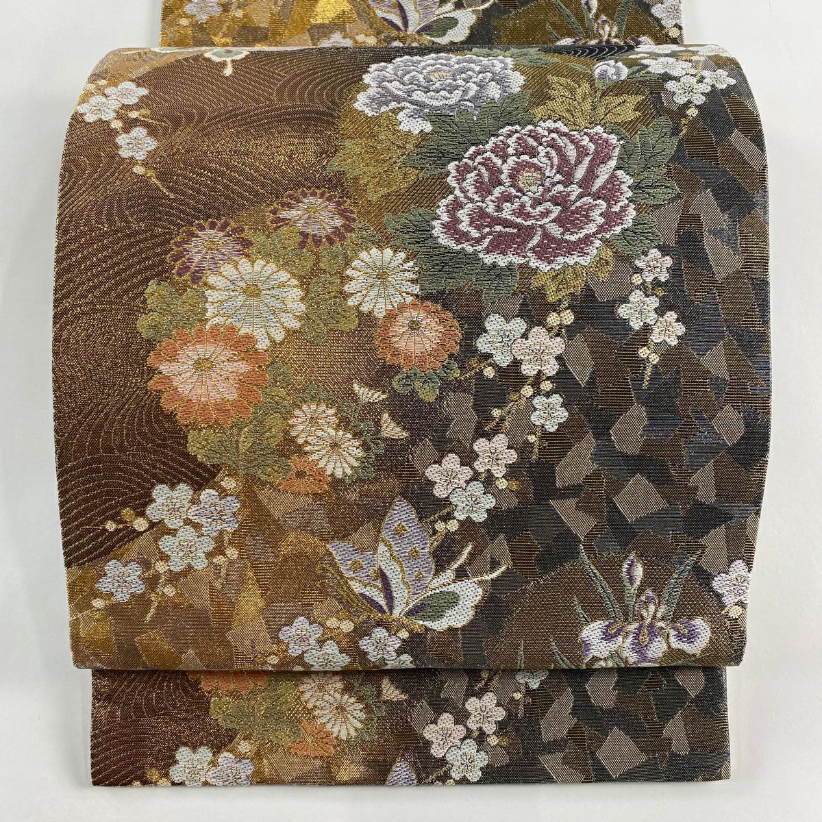 【美品】 袋帶 秀品級 草花紋紋 蝶 金銀彩 金金箔 金 六通 純蠶絲