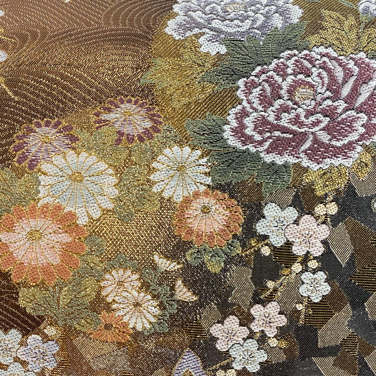 【美品】 袋帶 秀品級 草花紋紋 蝶 金銀彩 金金箔 金 六通 純蠶絲
