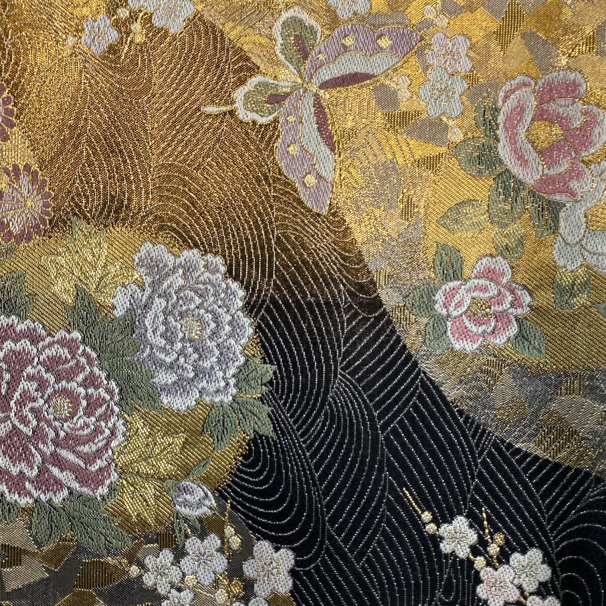 【美品】 袋帶 秀品級 草花紋紋 蝶 金銀彩 金金箔 金 六通 純蠶絲