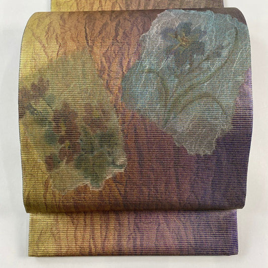 【美品】 袋帶 優品級 草花紋幾何學 金絲 拉麵絲 紫色 大鼓圖案 純蠶絲