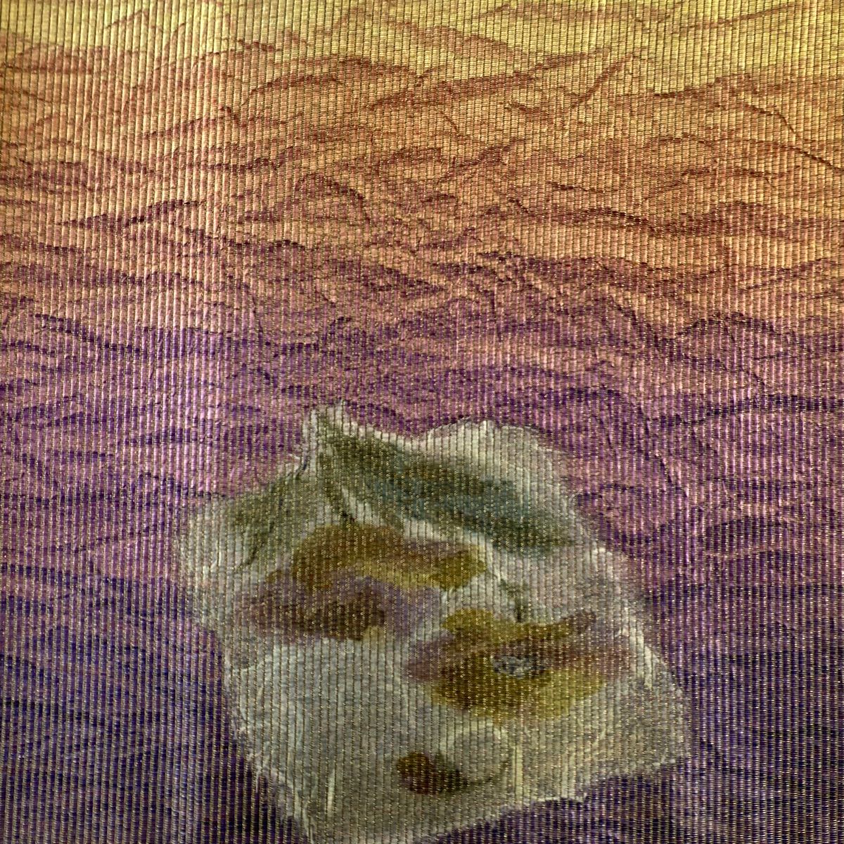 【美品】 袋帶 優品級 草花紋幾何學 金絲 拉麵絲 紫色 大鼓圖案 純蠶絲