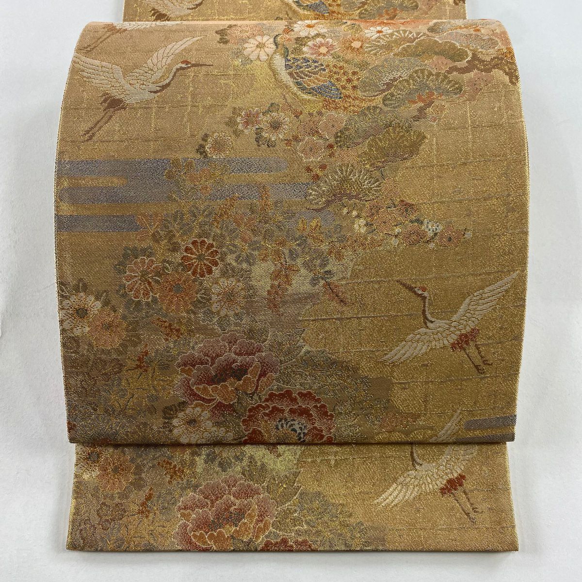 【美品】 袋帶 秀品級 花鳥 松樹竹子梅花 金金箔 金色 六通 純蠶絲
