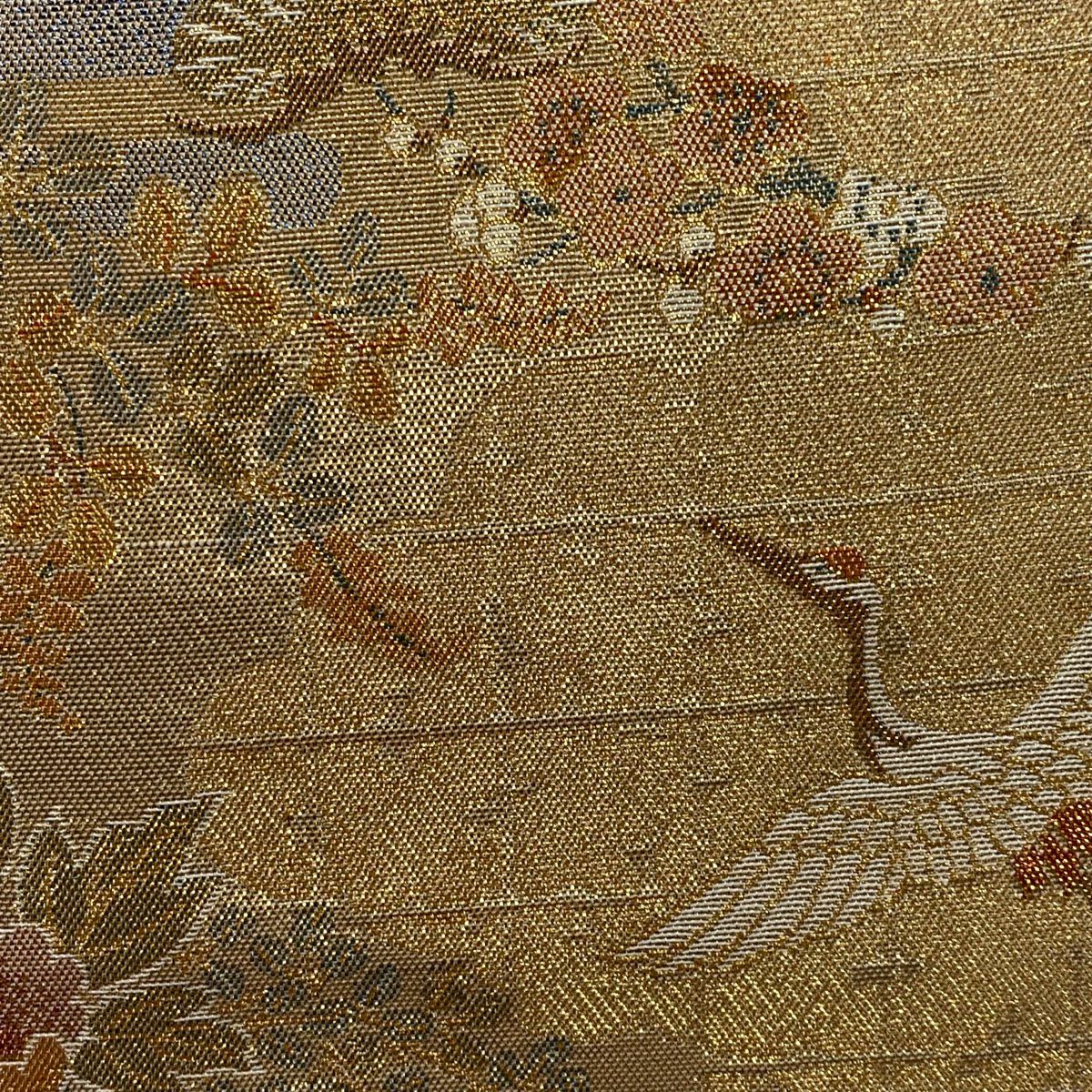 【美品】 袋帶 秀品級 花鳥 松樹竹子梅花 金金箔 金色 六通 純蠶絲