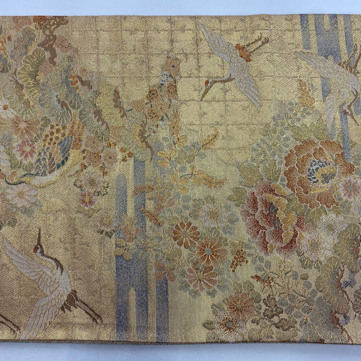 【美品】 袋帶 秀品級 花鳥 松樹竹子梅花 金金箔 金色 六通 純蠶絲