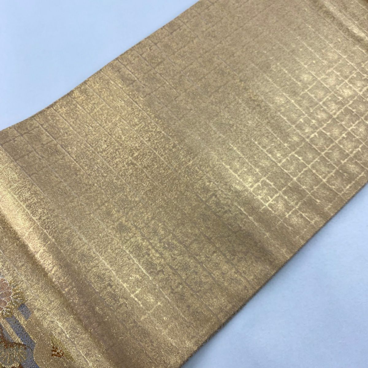 【美品】 袋帶 秀品級 花鳥 松樹竹子梅花 金金箔 金色 六通 純蠶絲