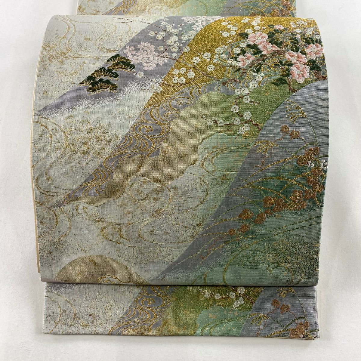 【美品】 袋帶 秀品級 琳派遠山四季紋 金金箔 唐織 灰綠 六通 純蠶絲