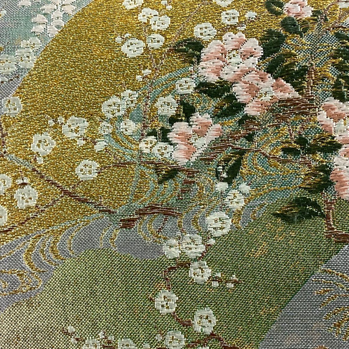 【美品】 袋帶 秀品級 琳派遠山四季紋 金金箔 唐織 灰綠 六通 純蠶絲